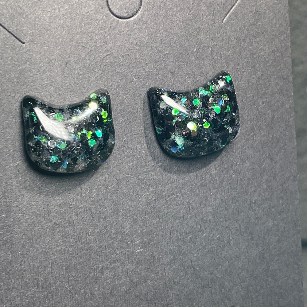 2/$18 Custom Made Black and Green Cat Stud Earrings - Picture 7 of 13